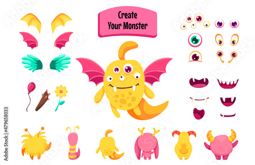 Create your Monster and collect cute aliens and funny creatures. Cartoon character creation kit with all elements and body parts. Vector children illustration