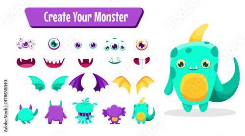 Cute Monster cartoon constructor kit, with body parts, alien eyes, mouths teeth, wings and horns for kids toys, video games and halloween designs. Vector flat colorful illustration