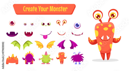 Cute Monster cartoon constructor kit, with body parts, alien eyes, mouths teeth, wings and horns for kids toys, video games and halloween designs. Vector flat colorful illustration