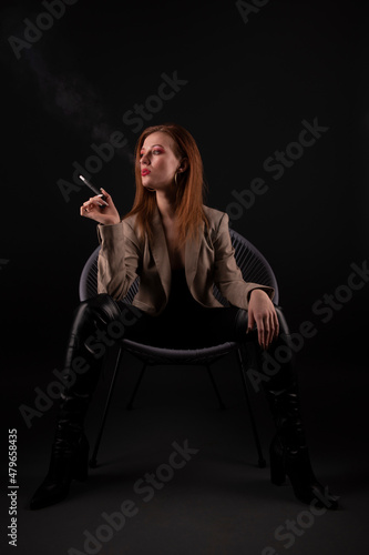 Portrait Of Young Woman smoking cigarette and Drinking Coffee 