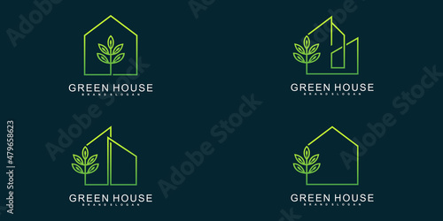 Minimalist green house logo design collection with unique line art style Premium Vector