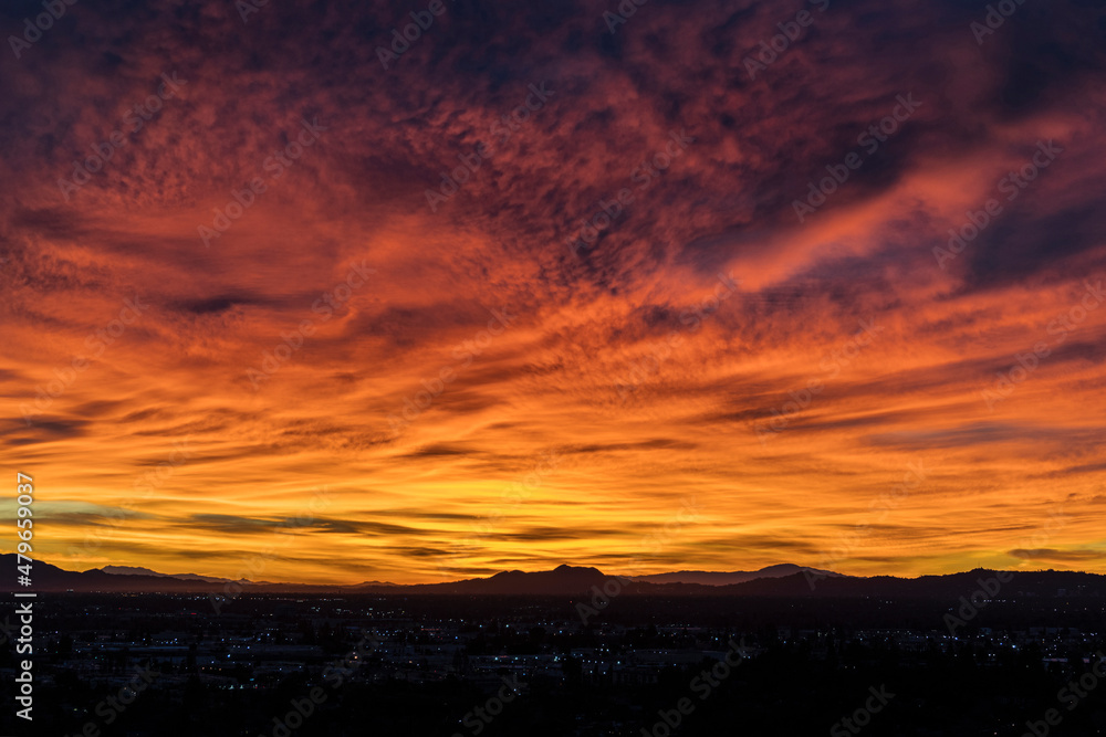 Dawn view across the San Fernando Valley towards Griffith Park and Los Angeles in scenic southern California.