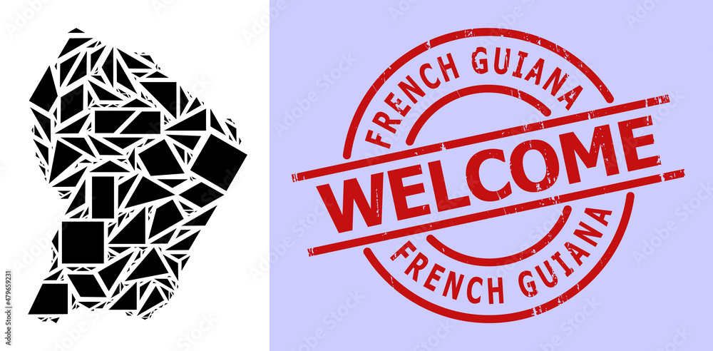 Simple geometric mosaic map of French Guiana with rubber stamp imitation. Red stamp has Welcome text inside round and lines shape. Simple geometric mosaic map of French Guiana with rubber stamp imitation. Red stamp has Welcome text inside round and lines shape.