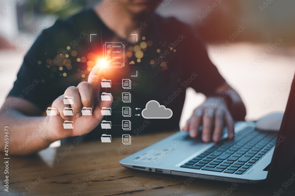 Naklejka premium Document Management System (DMS) Online Document Database And automated processes to store files, knowledge and documents in the organization efficiently with ERP enterprise business technology,