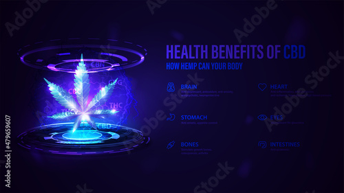 Benefits of CBD for your body, dark poster with hologram digital rings and hemp leaf. Health benefits of Cannabidiol CBD from cannabis, hemp, marijuana, effect on body