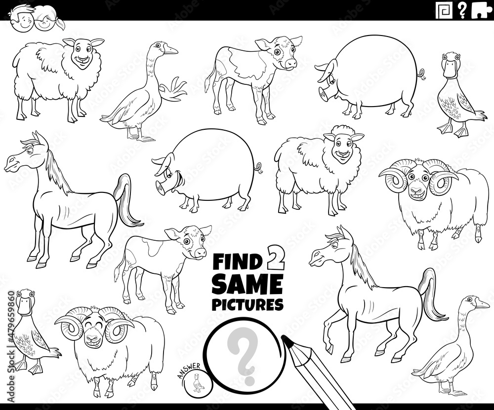 find two same cartoon farm animals game coloring book page