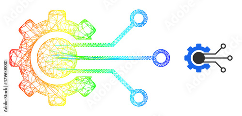 Crossing mesh gear solution framework icon with spectrum gradient. Vibrant carcass network gear solution icon. Flat framework created from gear solution icon and crossed lines.