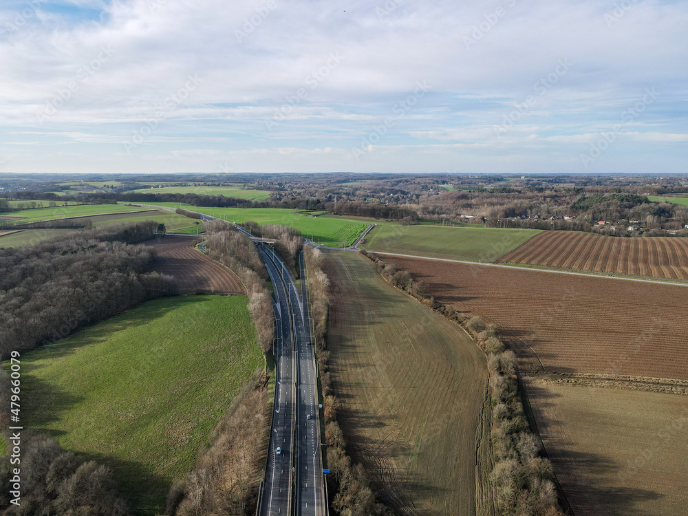 Aerial view of highway during winter season in south of Belgium, Europe