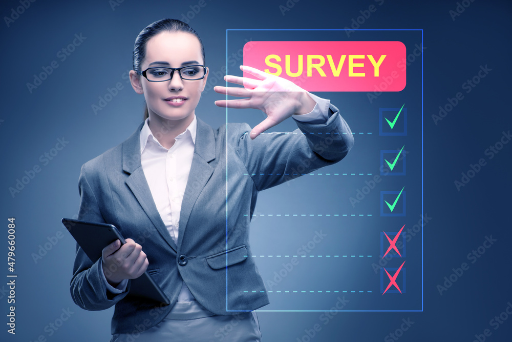 Businesswoman pressing buttons on virtual accident report Businesswoman pressing buttons on virtual accident report