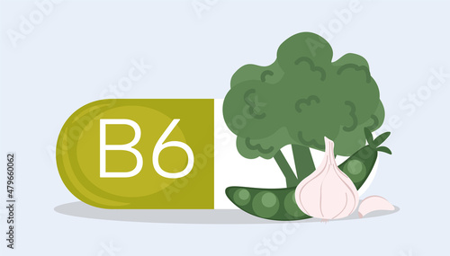 Sources of vitamins concept. Capsule with water soluble vitamin B6, broccoli, garlic and peas. Healthy food. Infographics for social networks, posters and magazines. Cartoon flat vector illustration