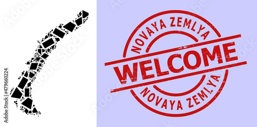 Simple geometric mosaic map of Novaya Zemlya Islands with rubber stamp imitation. Red stamp includes Welcome title inside circle and lines template.
