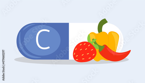 Sources of vitamins concept. Capsule with water soluble vitamin C, strawberries, sweet and spicy pepper. Infographics for social networks, posters and magazines. Cartoon flat vector illustration