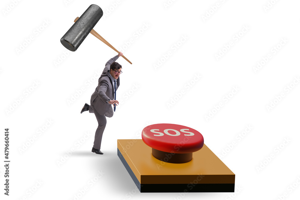 Businessman pressing SOS button in case of danger Businessman pressing SOS button in case of danger