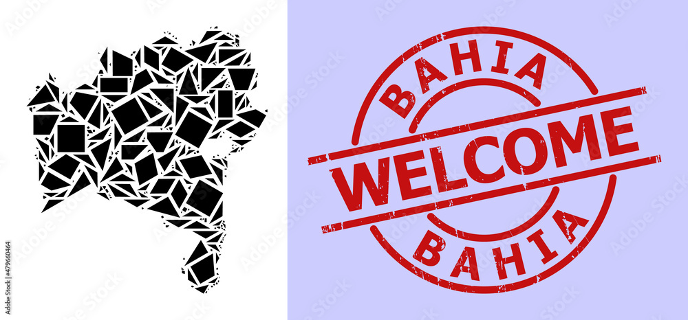 Simple geometric mosaic map of Bahia State with textured stamp seal. Red stamp seal includes Welcome title inside circle and lines shape. Simple geometric mosaic map of Bahia State with textured stamp seal. Red stamp seal includes Welcome title inside circle and lines shape.