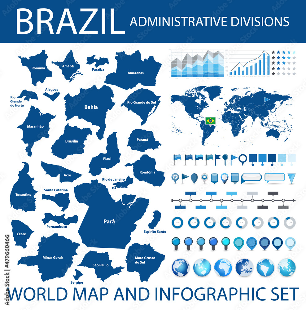 Fotografie Brazil administrative divisions and World map