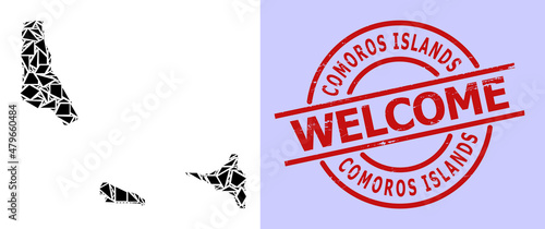 Simple geometric mosaic map of Comoros Islands with dirty stamp seal. Red stamp seal includes Welcome tag inside circle and lines shape.