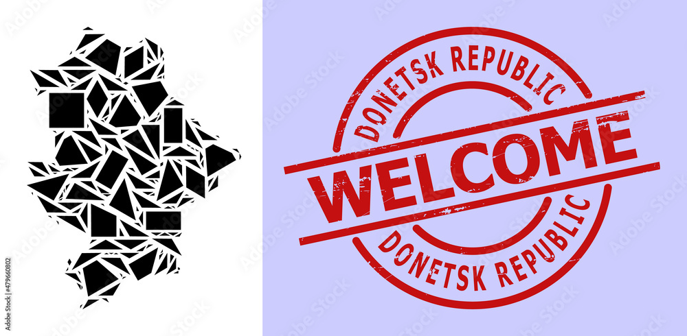 Simple geometric mosaic map of Donetsk Republic with corroded stamp. Red stamp contains Welcome tag inside circle and lines template.