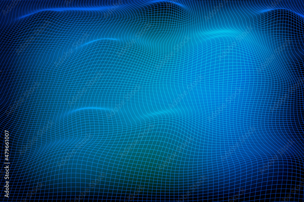 Naklejka premium Abstract vector wireframe landscape background. 3D futuristic mesh mountains. 80s Retro illustration. Cyberspace technology valleys.