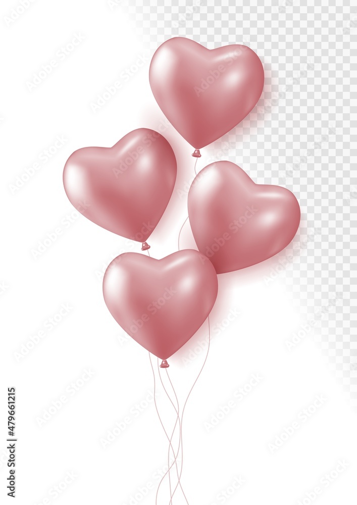 Realistic rose 3d heart balloons isolated on transparent background. Air balloons for Birthday parties, celebrate anniversary, weddings festive season decorations. Helium vector balloon.