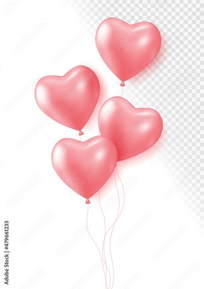 Realistic rose 3d heart balloons isolated on transparent background. Air balloons for Birthday parties, celebrate anniversary, weddings festive season decorations. Helium vector balloon.