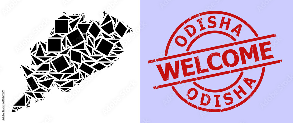 Simple geometric mosaic map of Odisha State with textured stamp seal. Red seal includes Welcome caption inside round and lines shape. Simple geometric mosaic map of Odisha State with textured stamp seal. Red seal includes Welcome caption inside round and lines shape.
