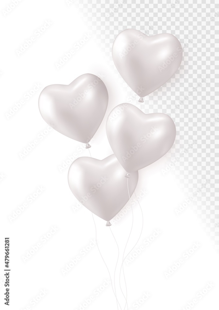 Realistic white 3d heart balloons isolated on transparent background. Air balloons for Birthday parties, celebrate anniversary, weddings festive season decorations. Helium vector balloon.