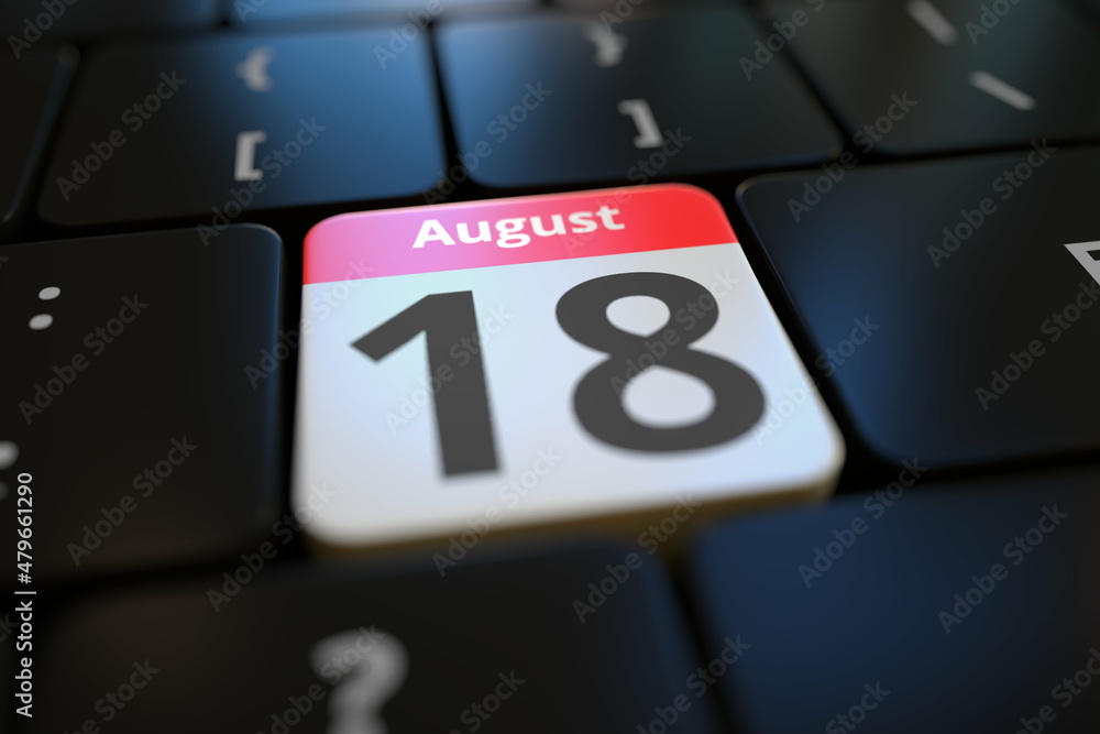 August 18 date on a keyboard key, 3d rendering August 18 date on a keyboard key, 3d rendering