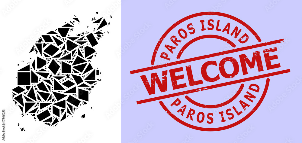 Simple geometric mosaic map of Paros Island with scratched seal. Red seal contains Welcome title inside circle and lines form. Simple geometric mosaic map of Paros Island with scratched seal. Red seal contains Welcome title inside circle and lines form.