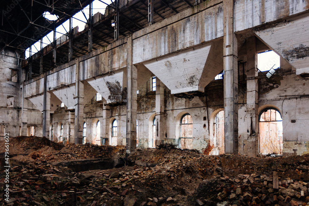 Old abandoned large industrial hall waiting for demolition