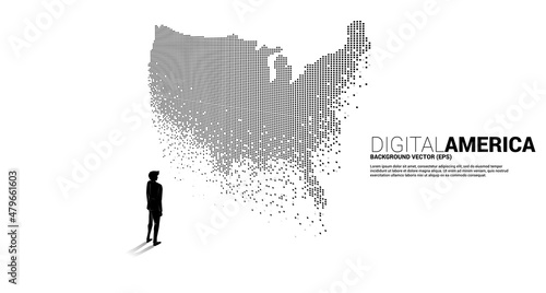 Vector Businessman standing with United States map from pixel square. Concept for America digital network connection.