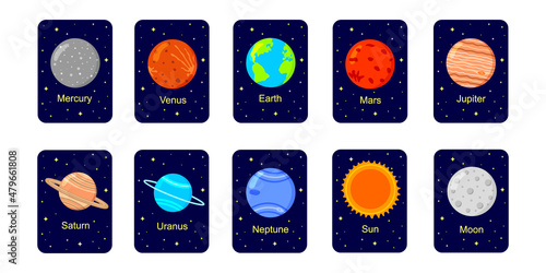 Solar system flashcards for kids. Planets, Sun and Moon with names on dark starry background. Educational material for schools and kindergartens for space science learning. Vector cartoon illustration