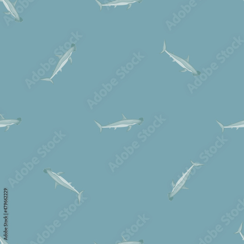 Hammerhead shark seamless pattern in scandinavian style. Marine animals background. Vector illustration for children funny textile.