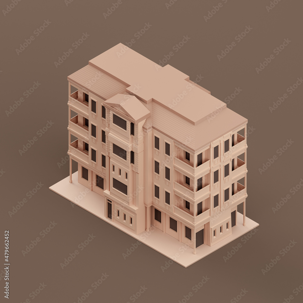 Isometric highrise, multi storey building, miniature real estate property, a house flat and solid brown color, 3d Rendering Isometric highrise, multi storey building, miniature real estate property, a house flat and solid brown color, 3d Rendering