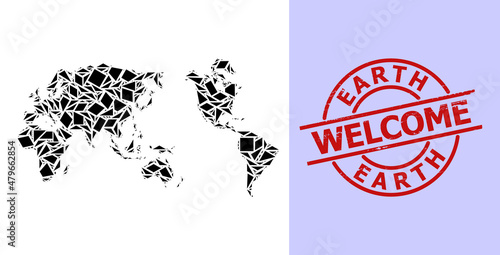 Simple geometric mosaic map of Earth with dirty stamp print. Red stamp seal has Welcome text inside circle and lines form. Vector mosaic map of Earth collage filled with randomized triangles,
