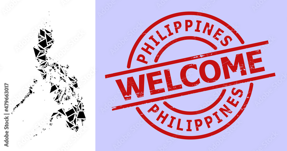 Simple geometric mosaic map of Philippines with textured stamp seal. Red seal includes Welcome caption inside round and lines template. Simple geometric mosaic map of Philippines with textured stamp seal. Red seal includes Welcome caption inside round and lines template.