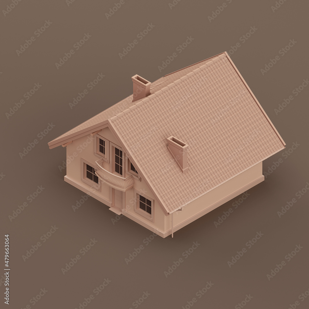 Isometric monochrome single detached house, miniature detached house model flat and solid brown color, 3d Rendering Isometric monochrome single detached house, miniature detached house model flat and solid brown color, 3d Rendering