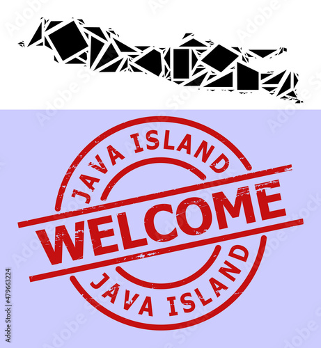 Simple geometric mosaic map of Java Island with scratched stamp imitation. Red stamp seal contains Welcome title inside circle and lines template.