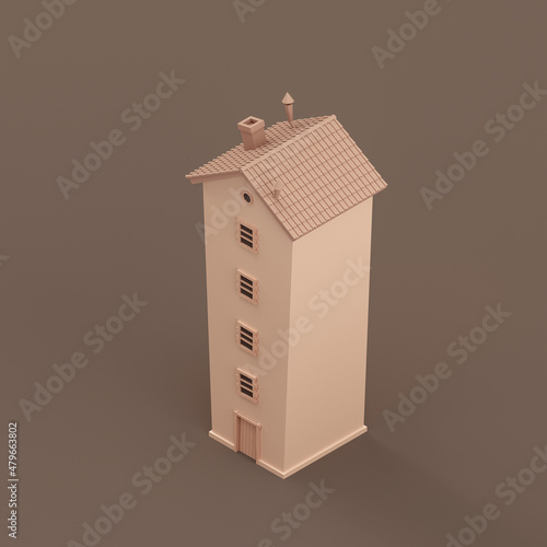 Isometric stylized thin and tall building, miniature real estate property, a house flat and solid brown color, 3d Rendering