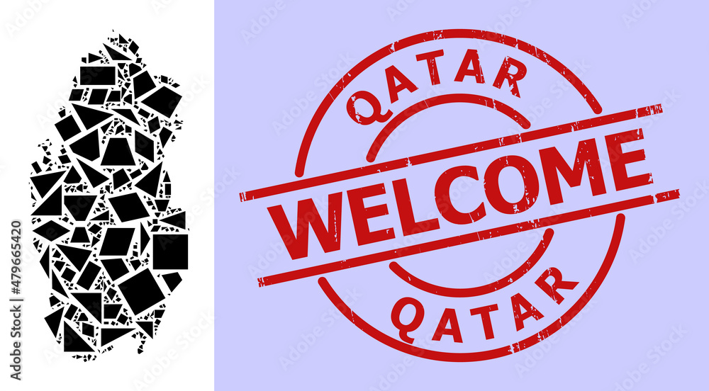 Simple geometric mosaic map of Qatar with textured stamp. Red stamp seal has Welcome text inside circle and lines form. Vector mosaic map of Qatar collage is designed with scattered triangles, Simple geometric mosaic map of Qatar with textured stamp. Red stamp seal has Welcome text inside circle and lines form. Vector mosaic map of Qatar collage is designed with scattered triangles,