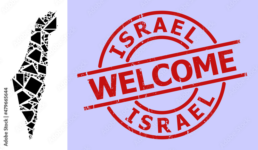Simple geometric mosaic map of Israel with grunge stamp print. Red stamp contains Welcome text inside round and lines shape. Vector mosaic map of Israel collage filled with chaotic triangles, Simple geometric mosaic map of Israel with grunge stamp print. Red stamp contains Welcome text inside round and lines shape. Vector mosaic map of Israel collage filled with chaotic triangles,
