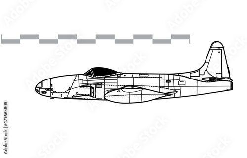 Lockheed P-80C Shooting Star. Vector drawing of early jet fighter aircraft. Side view. Image for illustration and infographics.