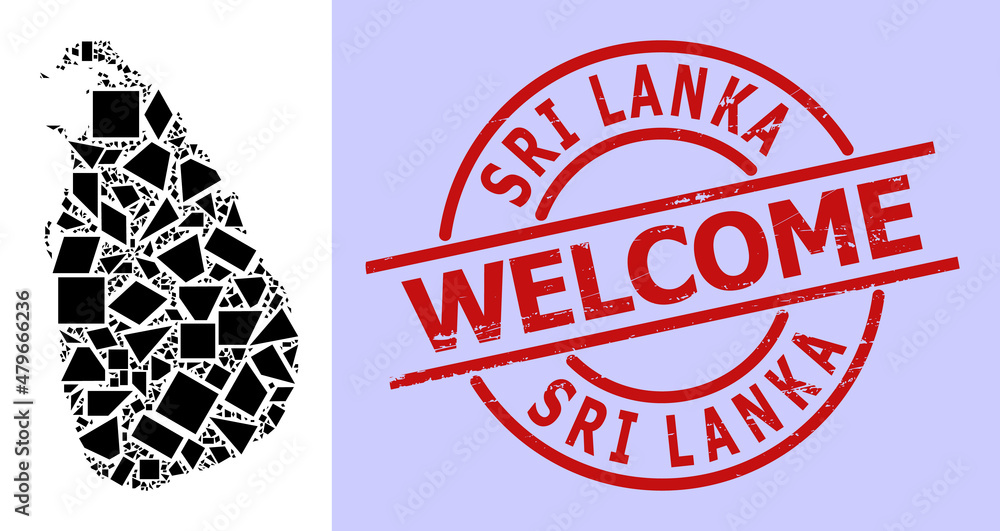 Simple geometric mosaic map of Sri Lanka with dirty stamp seal. Red stamp seal contains Welcome text inside circle and lines form. Simple geometric mosaic map of Sri Lanka with dirty stamp seal. Red stamp seal contains Welcome text inside circle and lines form.