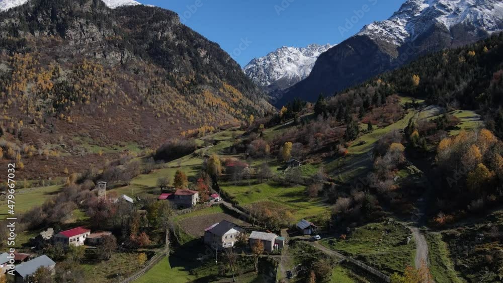 Village in the valley of the massive mountains, Svaneti, Georgia, 4k Village in the valley of the massive mountains, Svaneti, Georgia, 4k