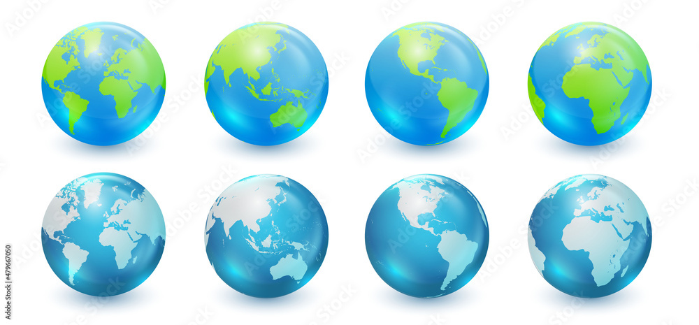 Globes showing earth with all continents. World map globe vector icons set Globes showing earth with all continents. World map globe vector icons set