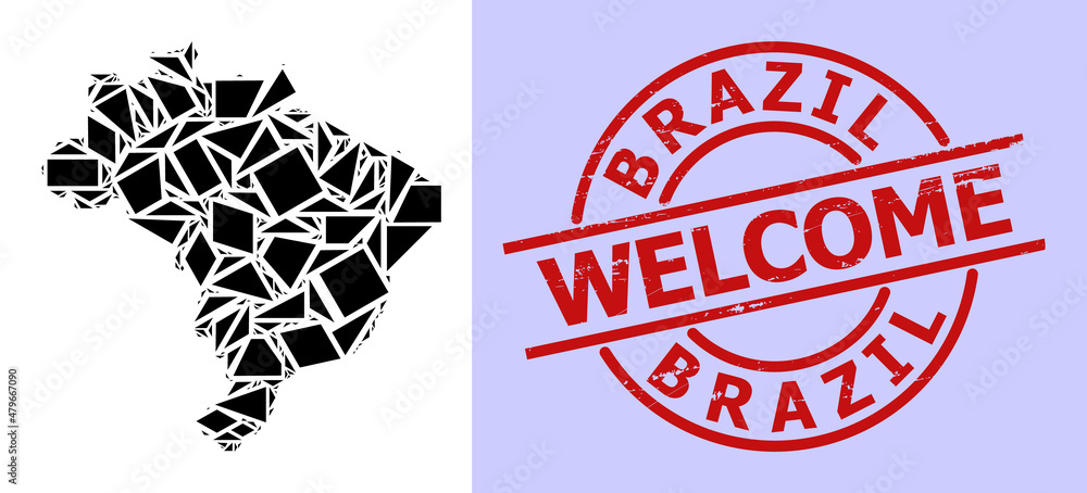 Simple geometric mosaic map of Brazil with scratched seal. Red seal includes Welcome caption inside circle and lines form. Vector mosaic map of Brazil collage is combined with randomized triangles, Simple geometric mosaic map of Brazil with scratched seal. Red seal includes Welcome caption inside circle and lines form. Vector mosaic map of Brazil collage is combined with randomized triangles,