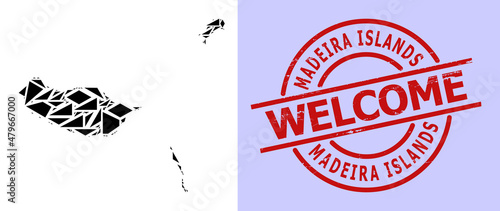 Simple geometric mosaic map of Madeira Islands with unclean stamp seal. Red seal has Welcome title inside circle and lines form.