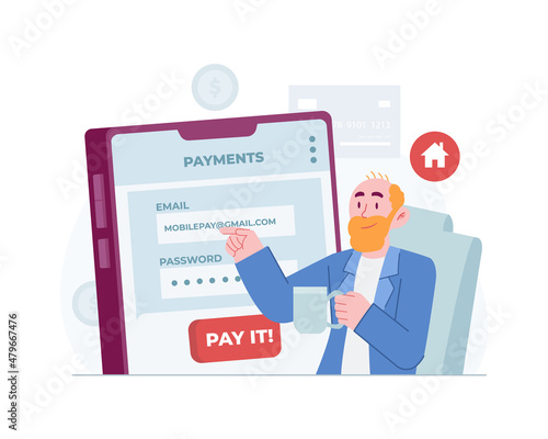 Online Mobile Payment concept vector Illustration idea for landing page template, secure transaction for purchase in e-commerce using smart bank terminal, Hand drawn Flat Styles