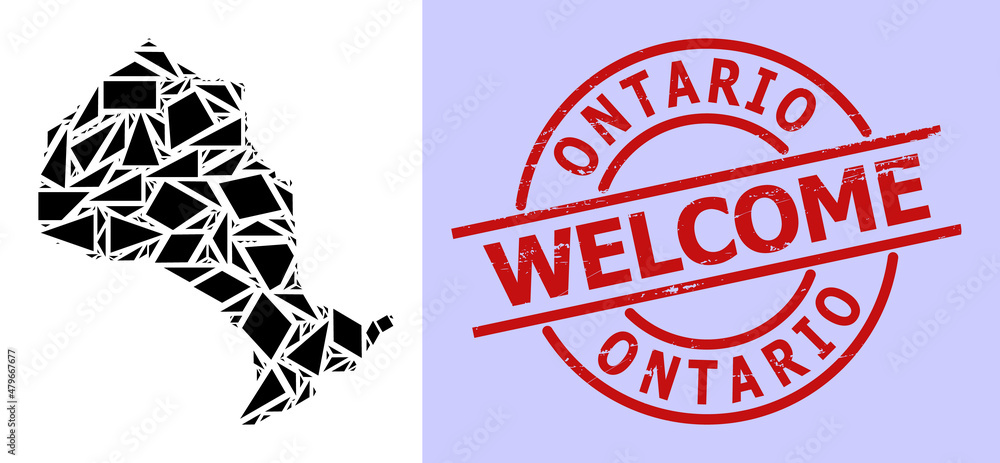 Simple geometric mosaic map of Ontario Province with unclean stamp seal. Red stamp seal contains Welcome text inside circle and lines shape. Simple geometric mosaic map of Ontario Province with unclean stamp seal. Red stamp seal contains Welcome text inside circle and lines shape.