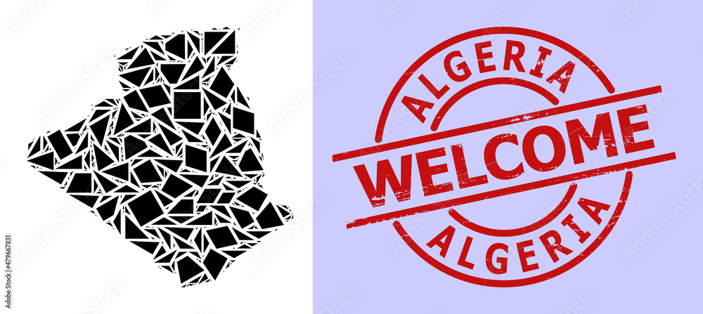 Simple geometric mosaic map of Algeria with unclean stamp print. Red stamp includes Welcome text inside round and lines template. Simple geometric mosaic map of Algeria with unclean stamp print. Red stamp includes Welcome text inside round and lines template.