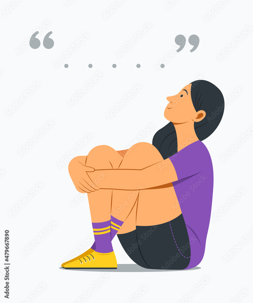 Woman Sitting and Looking the Copy Space of Quotation Marks. Woman Sitting and Looking the Copy Space of Quotation Marks.